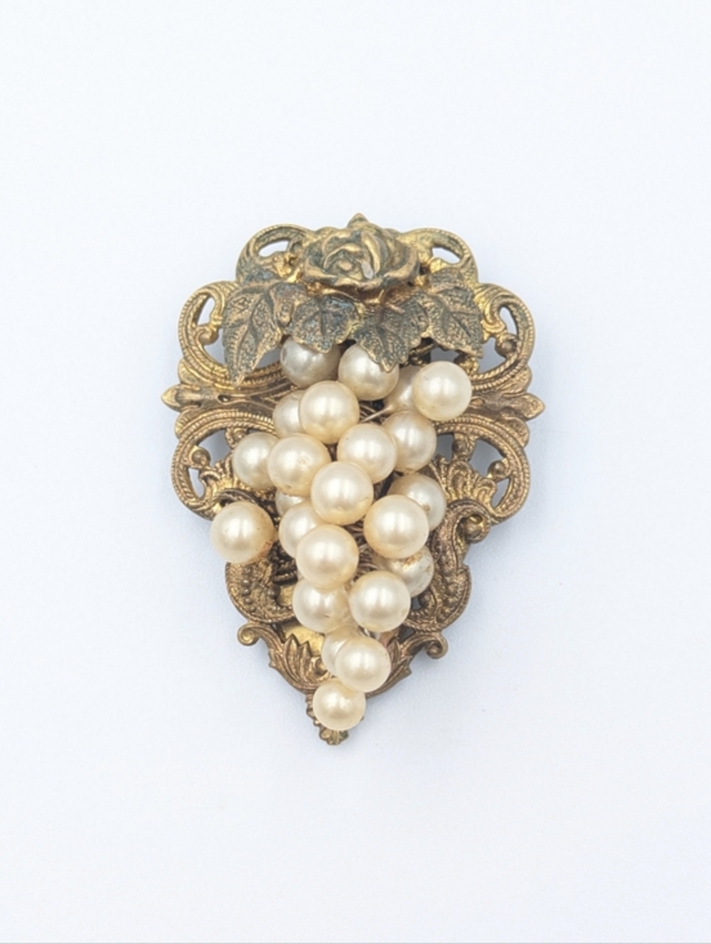 Antique Art Deco Faux Pearl Grape Cluster Dress Clip Brass Filigree